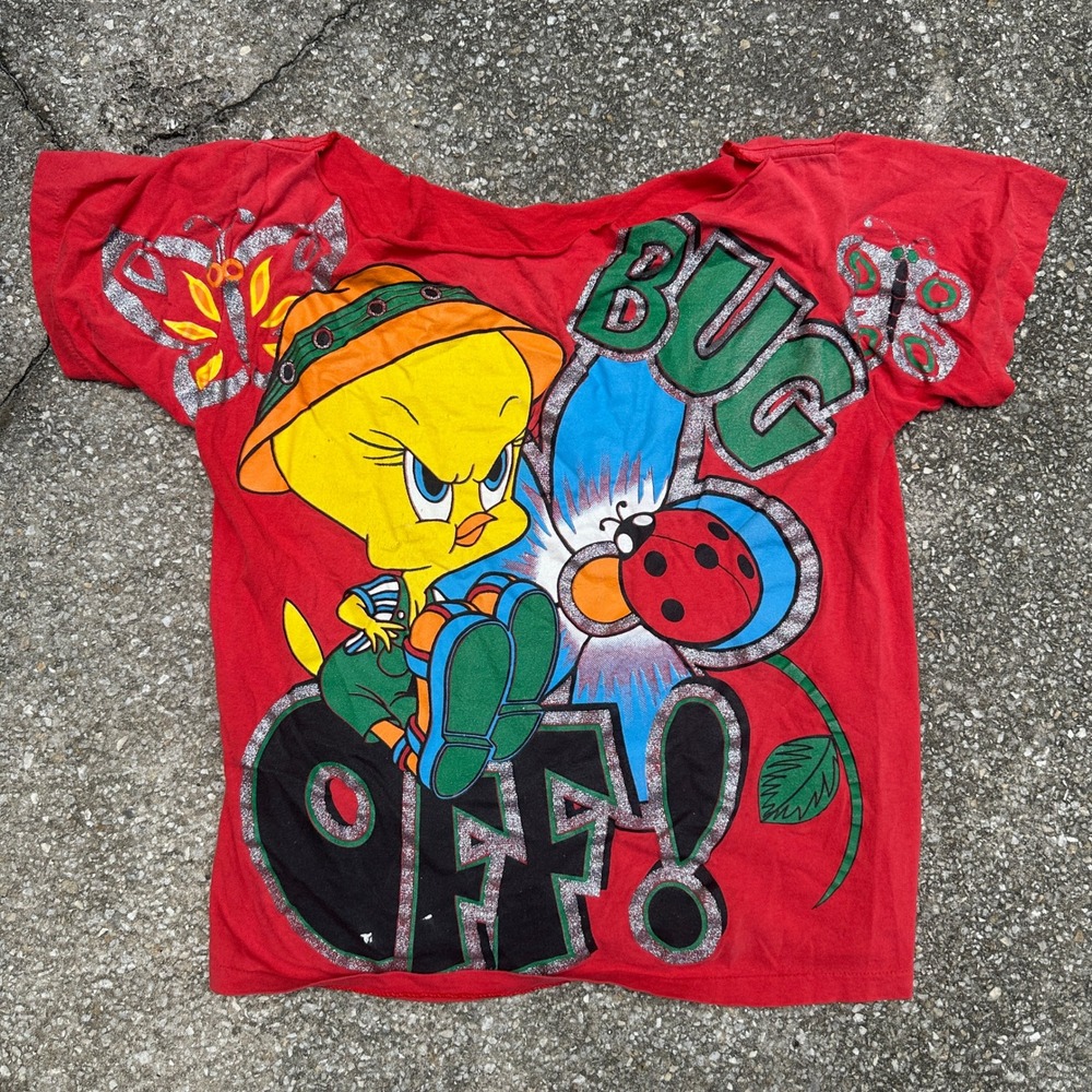 Vtg 90s Tweety Bird Bug Off Red Glitter Graphic T-Shirt Cropped Single Stitch M